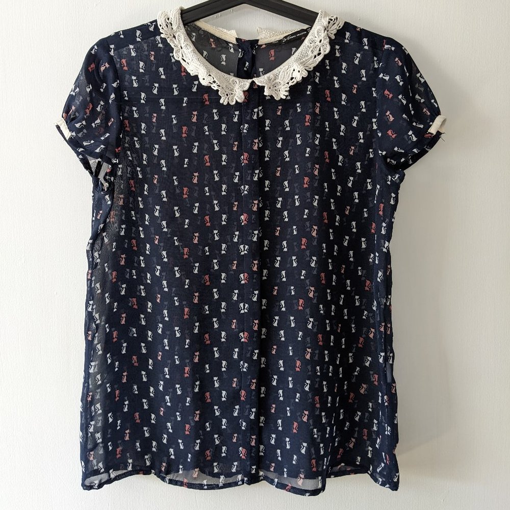 Zara navy blue cat print sheer sleeveless blouse size S